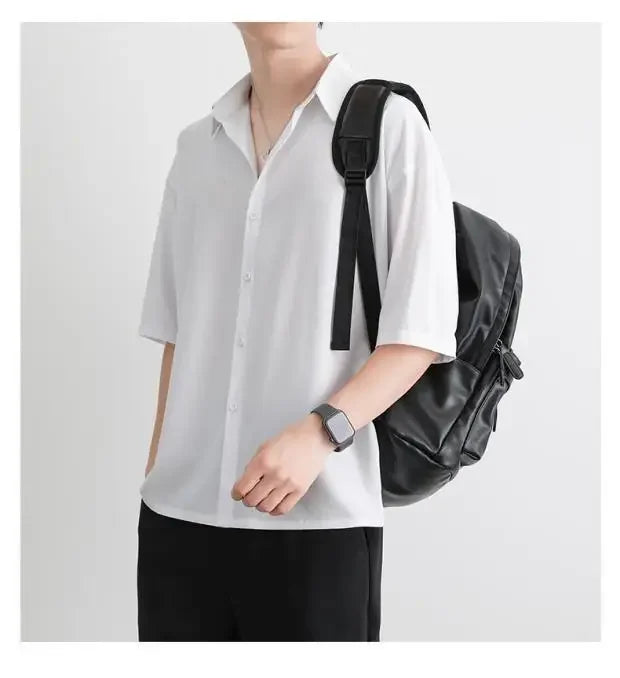 Men's Summer Loose Thin Ice Silk Short Sleeve White Shirt Half Sleeve Open Cardigan Breathable Korean Style Casual Top