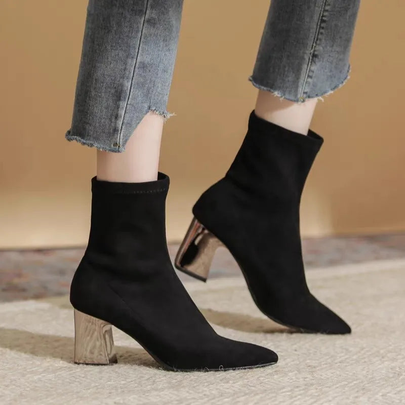 Womens Sexy Boots Suede Women'S Thick Heels And Pointed Black High Heels Versatile And Elegant Boots Zapatos De Mujer Ofertas