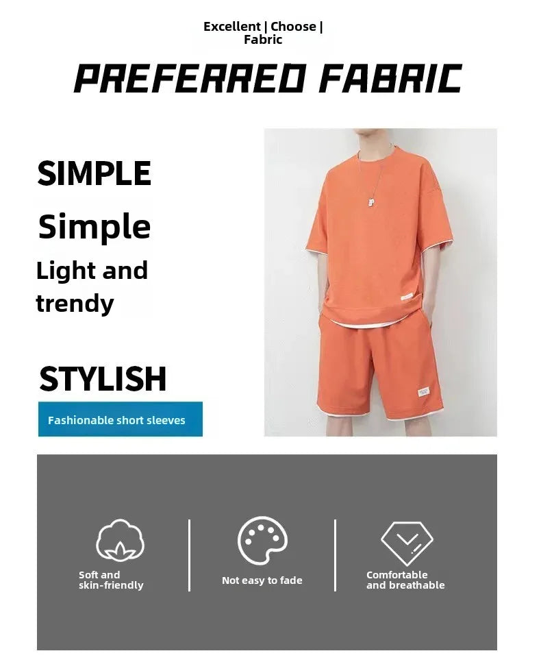 Casual Summer Sports Wear Loose-Fit Men's Suit Korean Trendy Short Sleeves T-shirt 2-Piece Set Lightweight Fashionable Streetwea