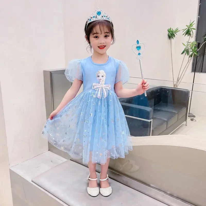 New Disney Girls DressShort Sleeve Kids Clothes  Princess Dresses Frozen Elsa Party Baby Dresses for Children Clothing