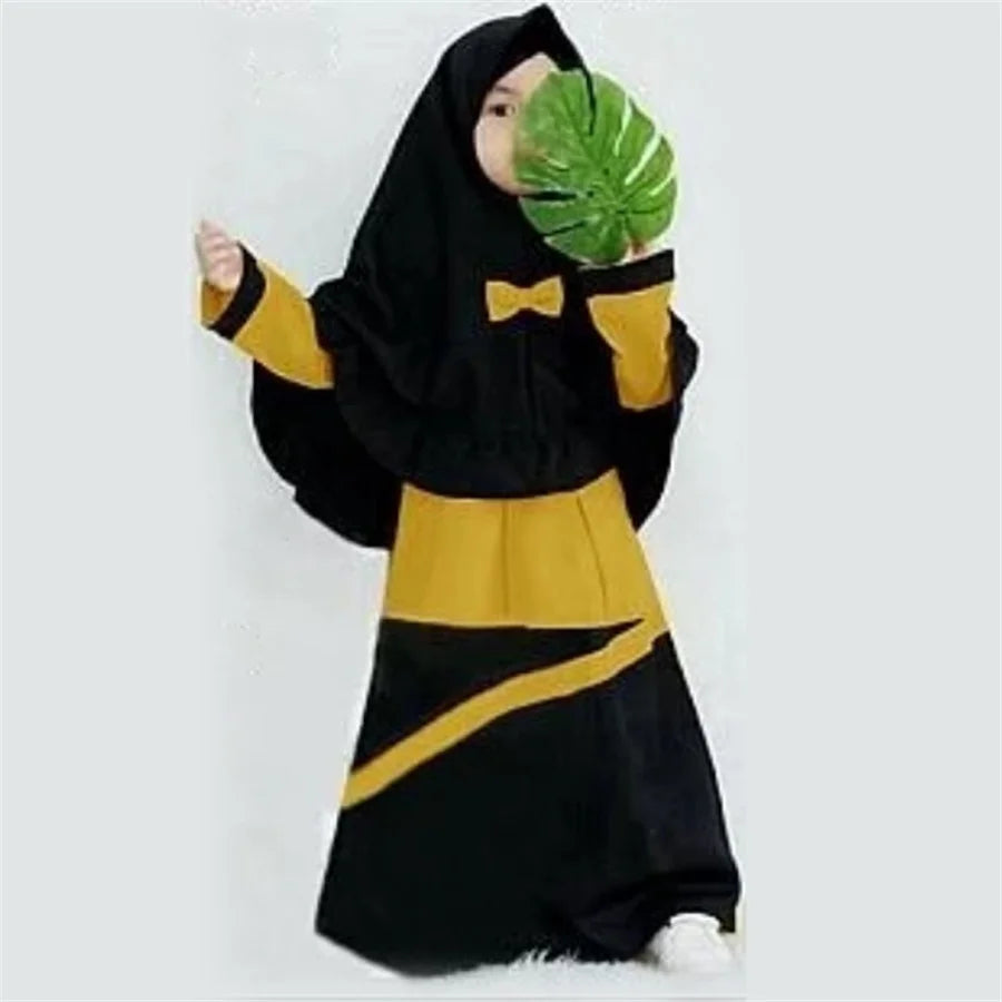 Patchwork Muslim Children 2 Pcs Prayer Dress Girls Hijab Abaya Ramadan Sets Arab Kids Headscarf Long Robe Islamic Kaftan Gown