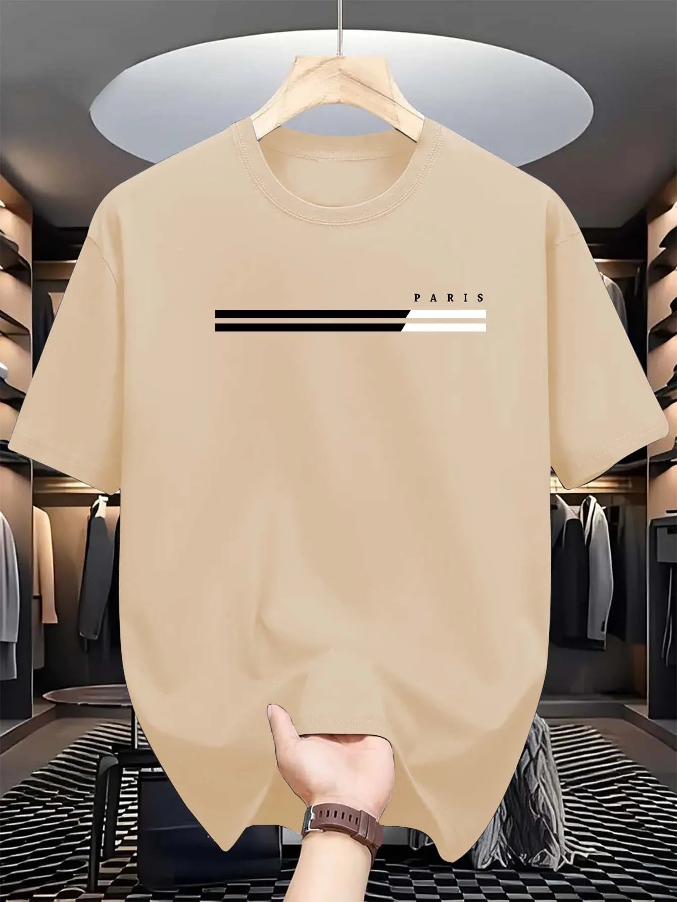 Men's summer loose size PARIS letter Graphic printed slim fit casual sports round neck short sleeved T-shirt top