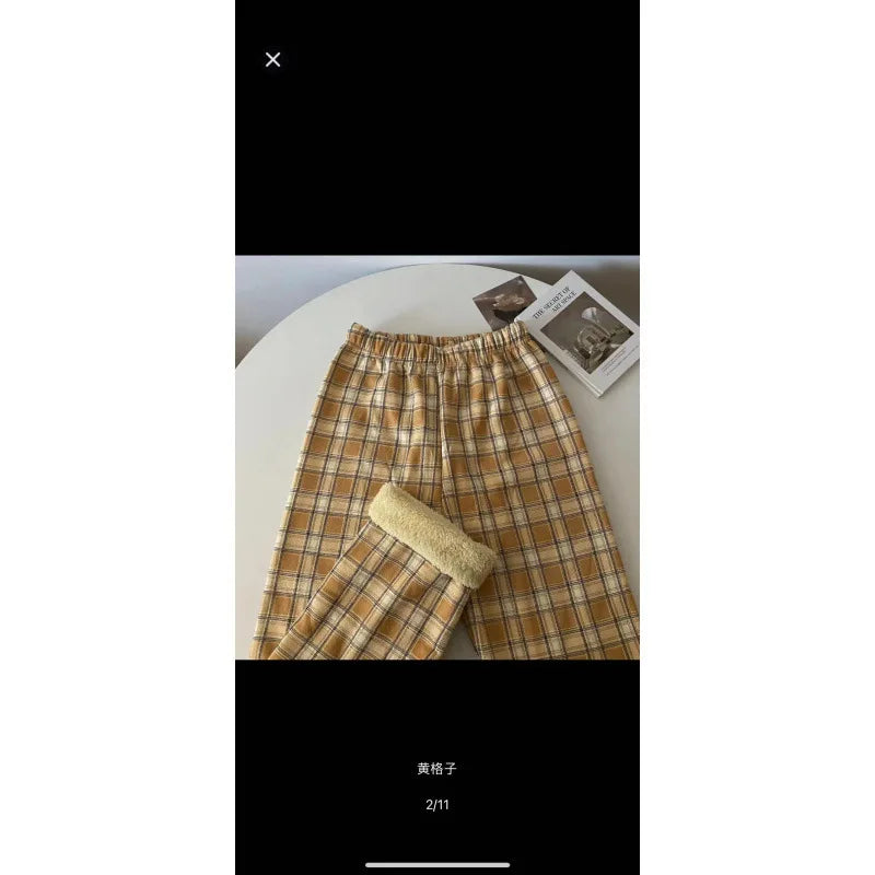 High Waist Straight Leg Pants Women's Autumn Winter Thickened Fleece Lamb Velvet Plaid Pants Loose Wide Leg Casual Trousers