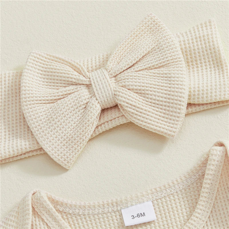 Newborn Baby Girls 2Pcs Fall Romper Outfits Long Sleeve Round Neck Bow Letter Embroidery Jumpsuit with Headband Set