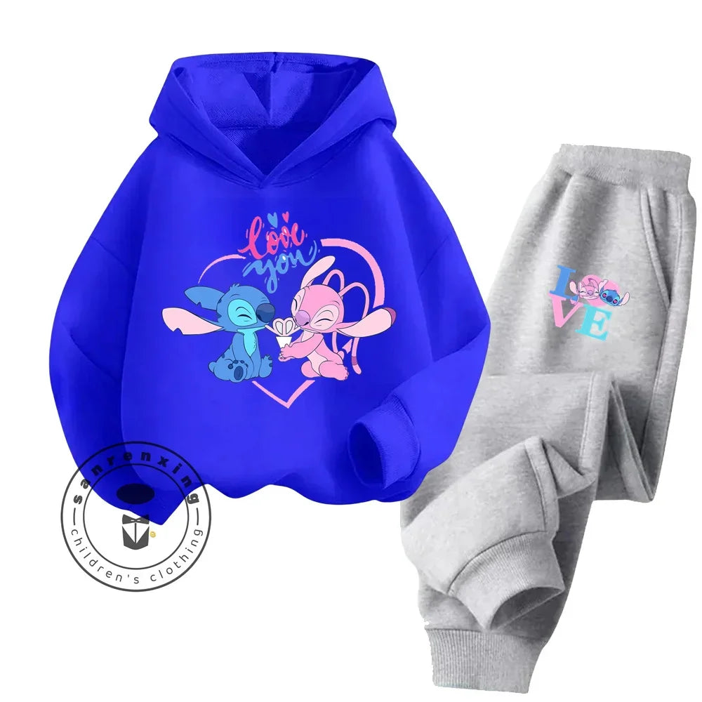Cartoon Stitch Children Hooded Sweatshirt+Pants Two-piece Set Boy Girl Autumn Winter Daily Outdoor Vacation Warm Soft Sportswear