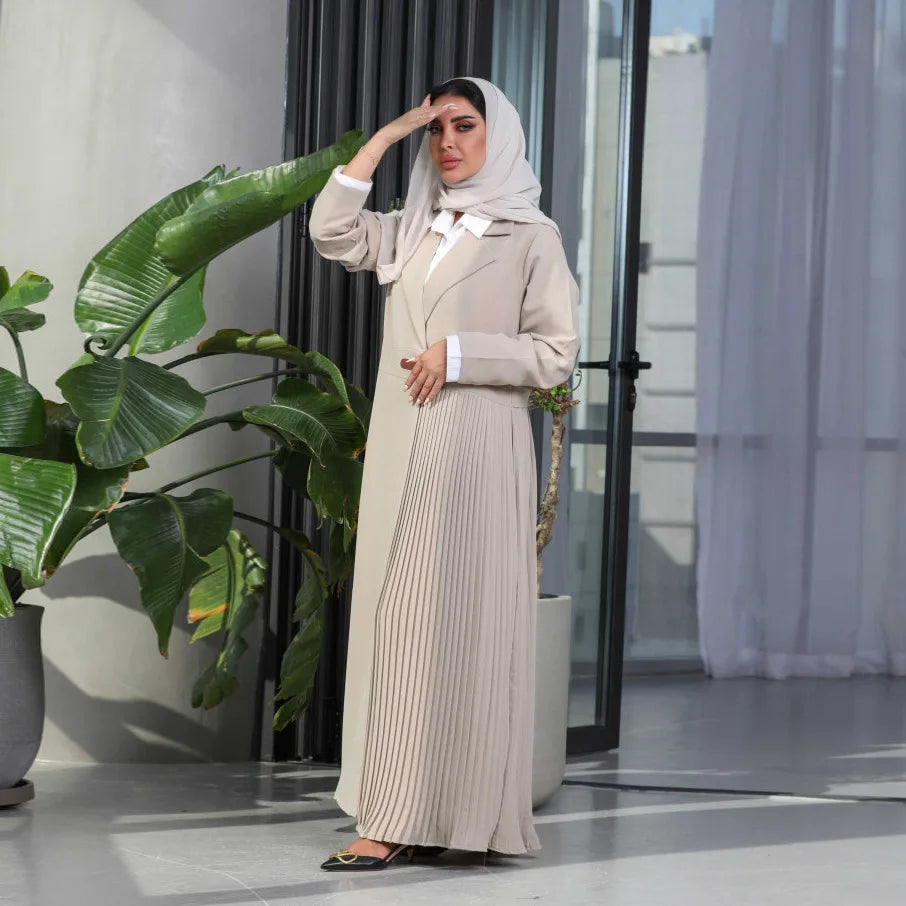 Abaya Cardigan Long Robe Pleated Jacket Muslim Arabic Fashion Leather Button