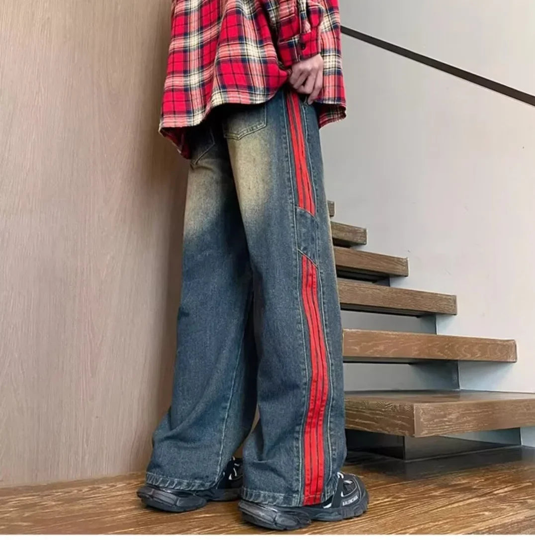 American Style Retro Men's Straight Leg Jeans Spring Autumn Trendy High Street Loose Wide Leg Long Pants Water Washed