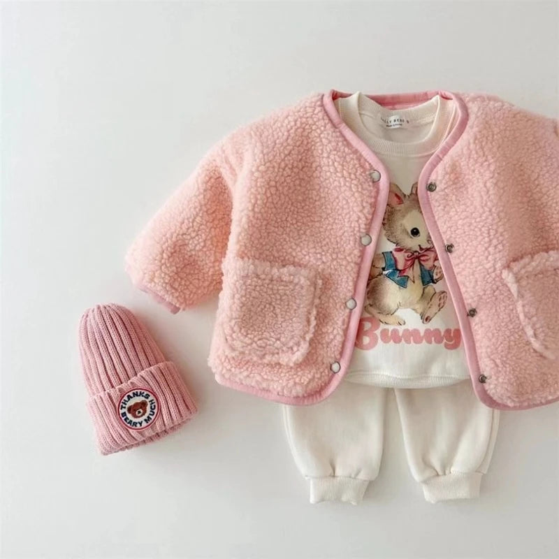 Korean version of autumn and winter boys and girls cotton cute cartoon rabbit deer plush sweatshirt casual sports set