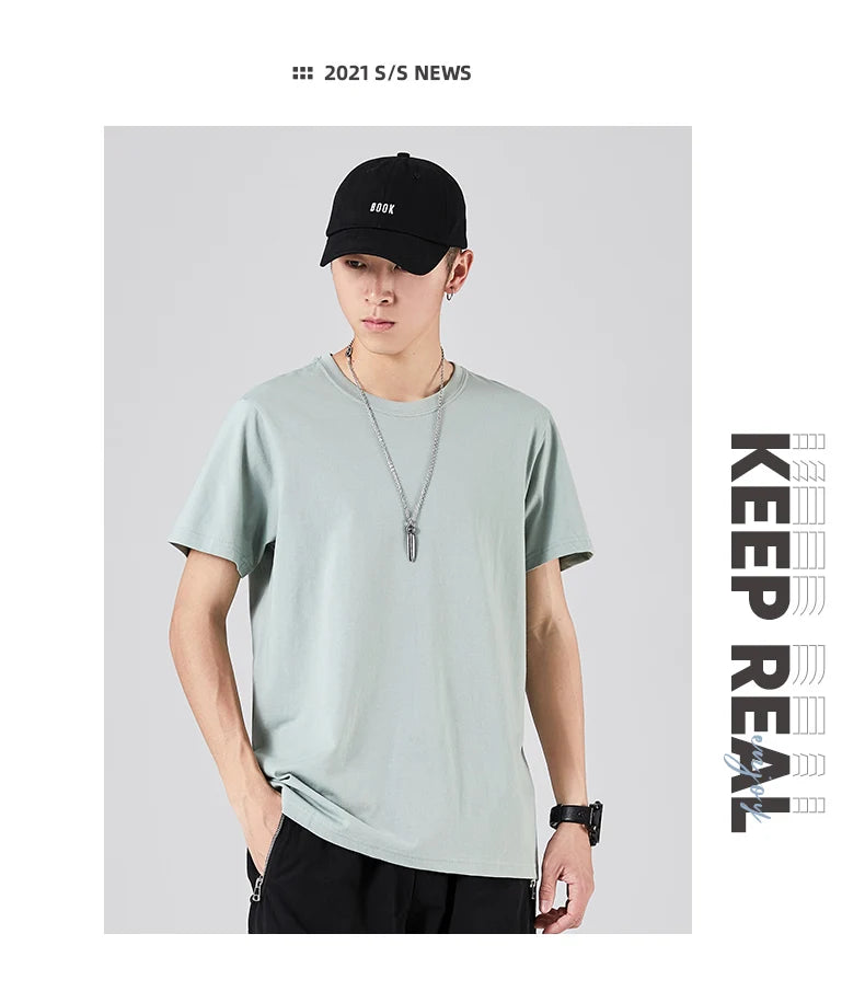 180g Solid Color 100% Cotton Men T Shirt Hip-Hop Cotton T-shirt O-neck Summer Male Causal Tshirts Fashion Loose Tees SD0021