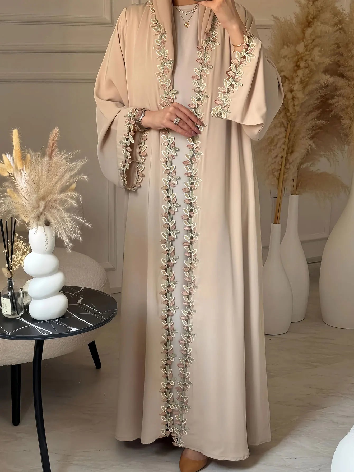 Dubai Elegant Beige Abaya for Muslim Women - Intricately Crafted with Multicolored Embroidery Piece in Islamic Modest Fashion
