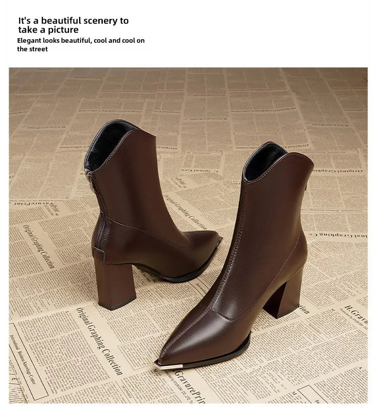 Women Leather Boots Luxury Pointed Brand Toe Chelsea Ankle Boots Trendy High Heels Zipper Goth Pumps Shoes French Women's Boots