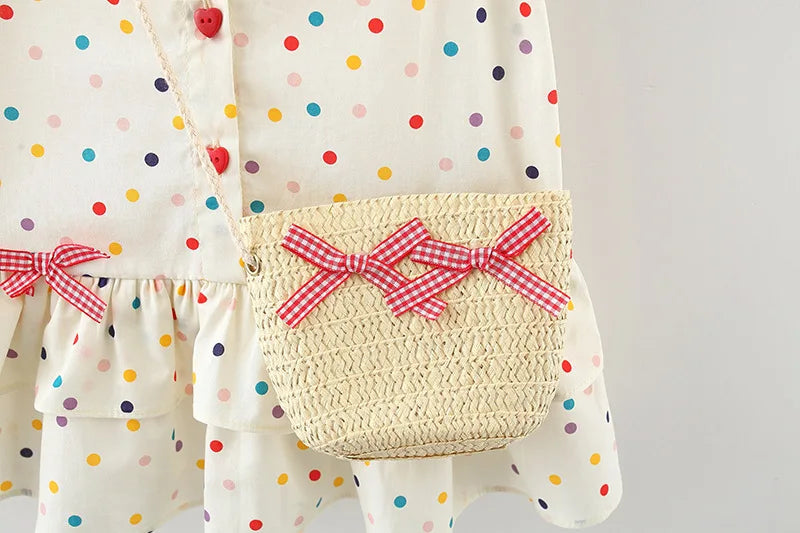 Cotton Dress for Baby Girl Heart Shaped Button Colorful Polka Dot Bow Dress Send Bag