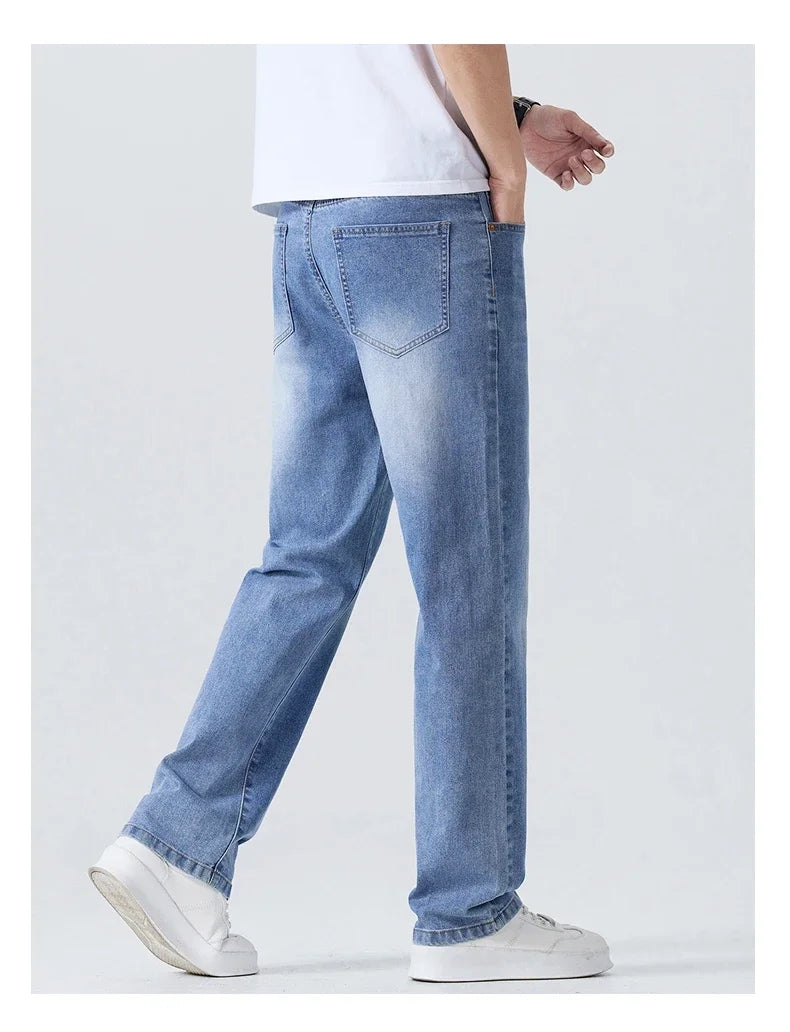 Summer Thin Straight Jeans Men's Clothing Soft Breathable Trousers Male Brand Comfortable Business Loose Denim Pants
