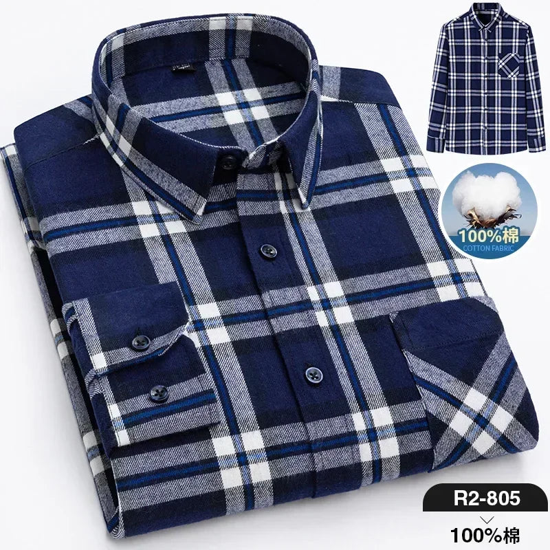 Pure Cotton Men's Plaid Shirt Long Sleeve Regular Fit Men Casual Oversized Shirt Leisure Autumn Male Blouse New Plus Size