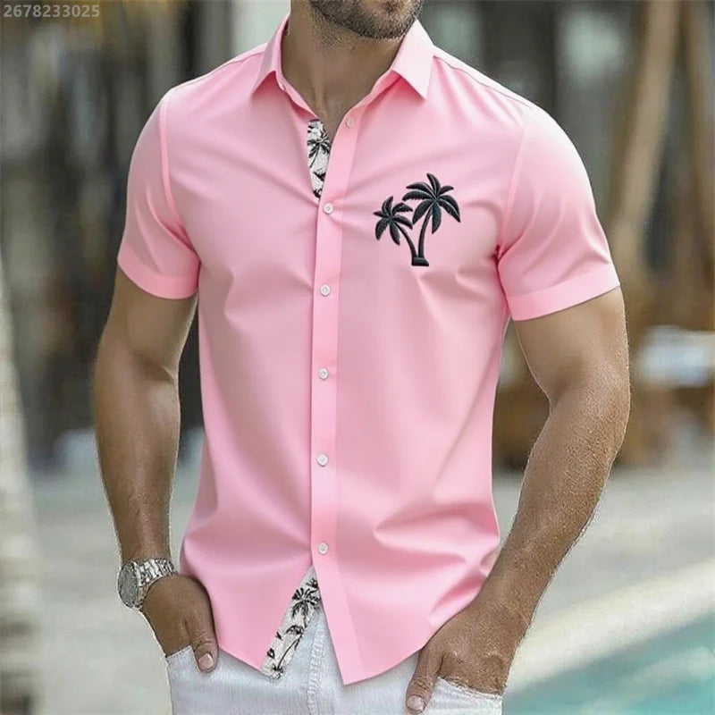 Men's summer tropical plant button coconut pattern Hawaiian short-sleeved beach shirt vacation daily wear fashionable casual