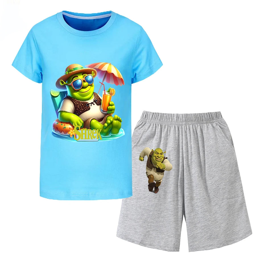 Shrek Child Tracksuit Blouse Short Sleeve Family Matching Clothes Sets for Baby Set for Children From 6 To 12 Years Old Summer