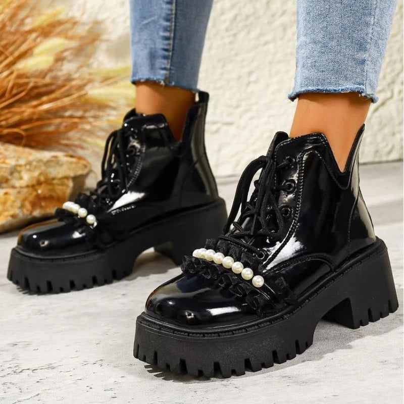 Black Platform Casual Women's Ankle Boots 2025 New Designer Autumn Winter British Style Boots Shoes for Women Botas De Mujer