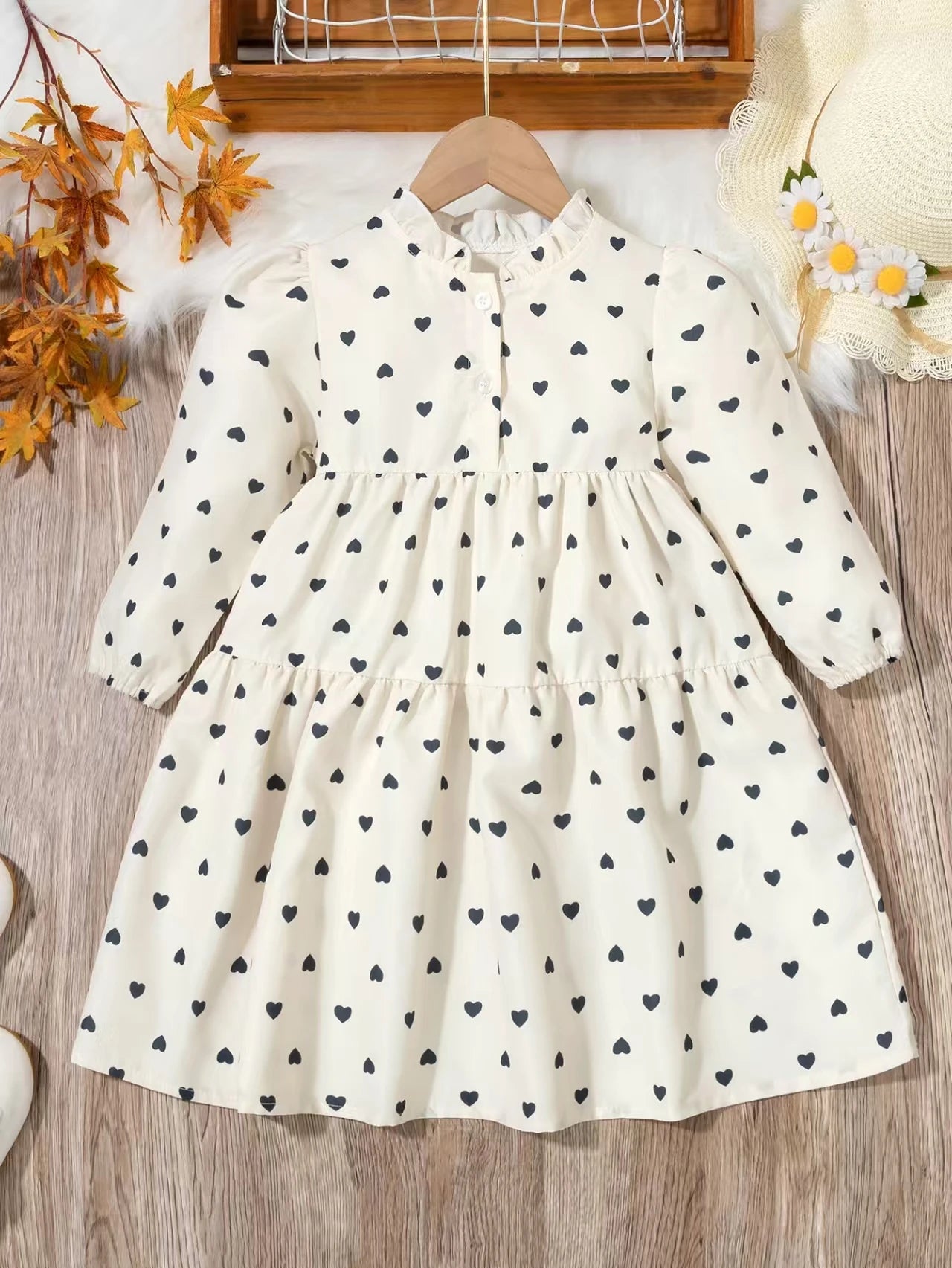 New Fall Girls' Dresses Stylish Black Heart Print Dress for Young Girls Princess-Style Loose Fit with Waist Cinching Flattering