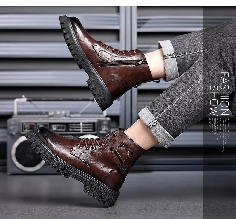 Men's High-Top Boots: British Style Thickened Sole Genuine Leather Indestructible Work Boots, Couple Big Yellow Boots for Men an