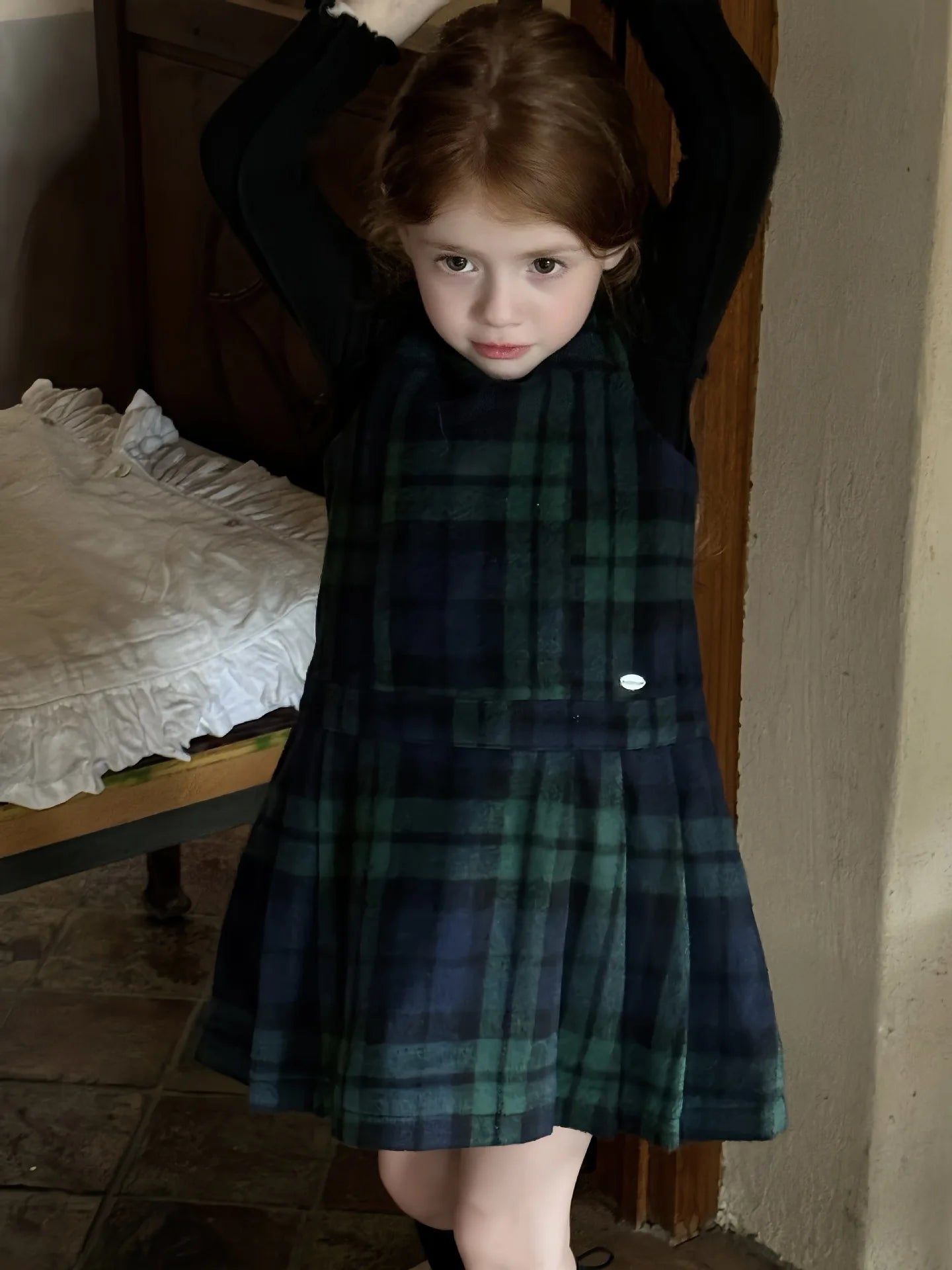 Kids Dresses for Girls Green Grid Hair Vest Pleated Skirt Vest Skirt Autumn Girls Clothes Girls Dress