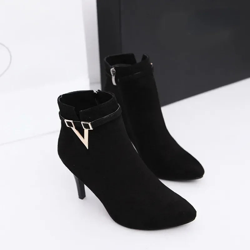 Botas Mujer Invierno  Autumn Stiletto Thin High Heels Woman Pointed Toe Pu Leather Zipper Sexy Ankle Women Boot Botines Chelsea8