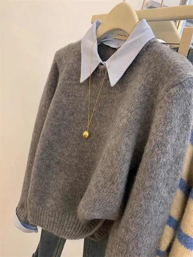Gray Fake Two-piece Spliced Shirt Collar Sweater 2024 New Autumn/Winter Women's Lazy Style Loose Base Sweater Office Knitted Top
