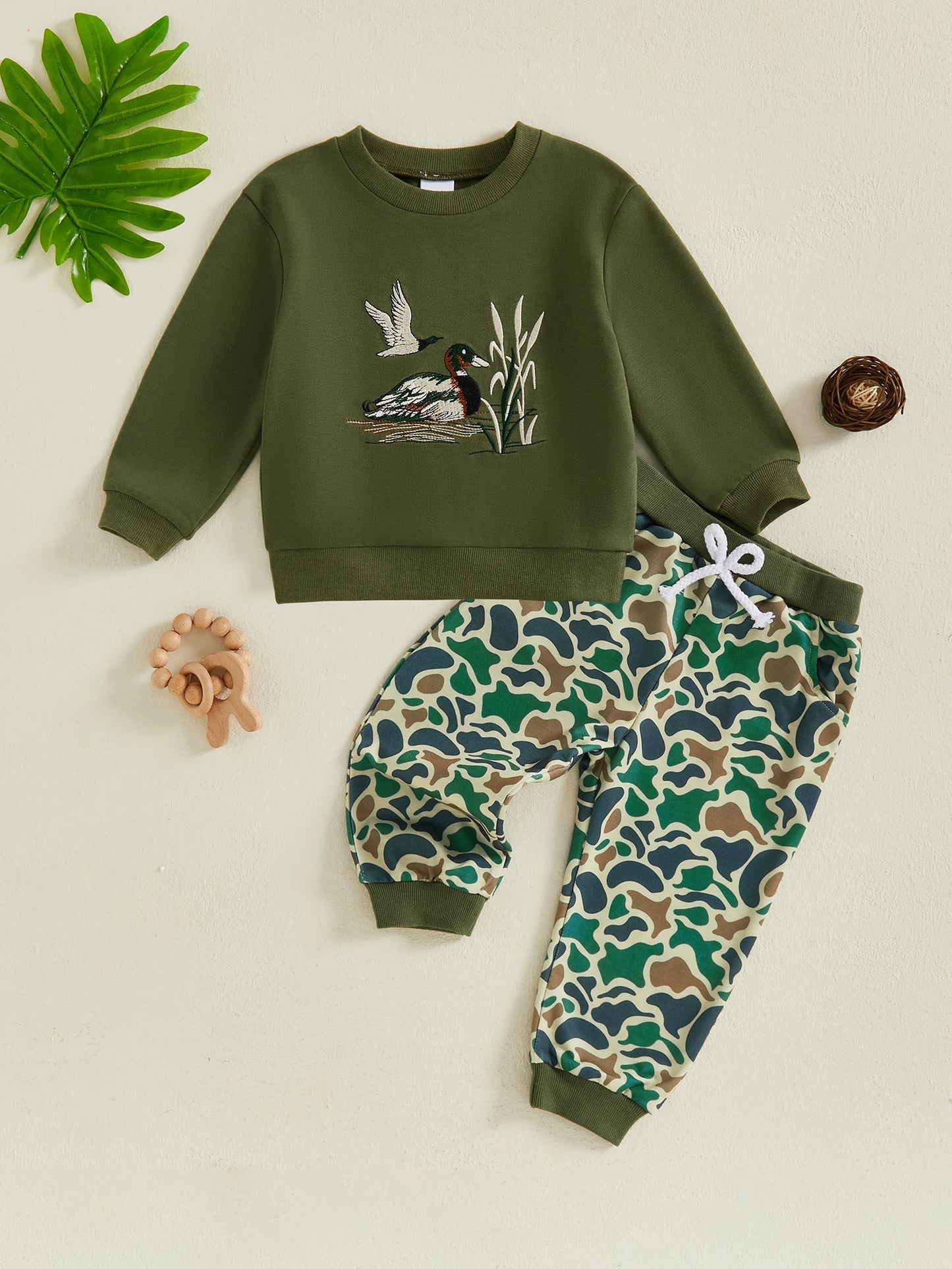 FOCUSNORM 0-4Y Casual Kids Boys Fall Clothes Sets Duck Embroidery Long Sleeve Round Neck Pullover + Camouflage Pants