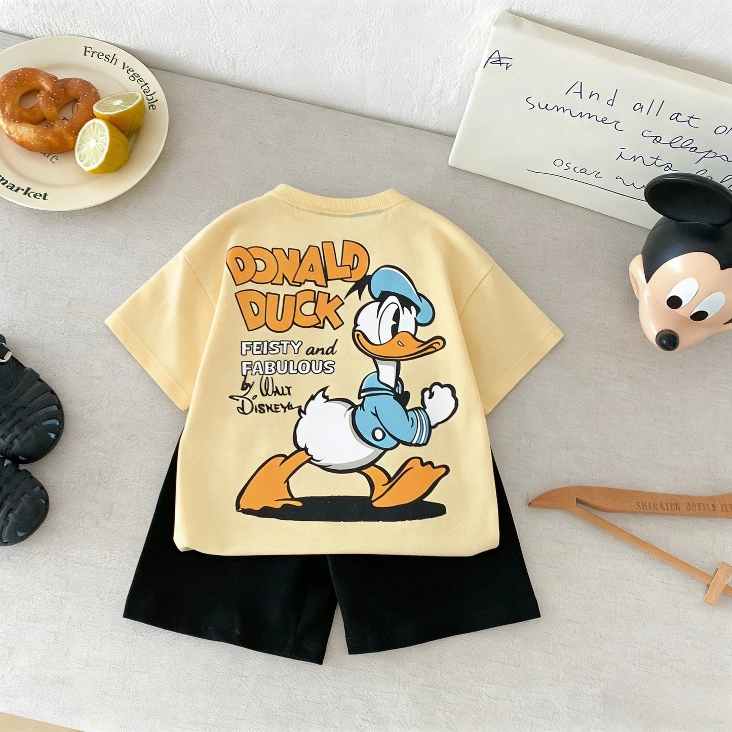 Donald Duck Pattern Children Cartoon T-shirt Set Summer Clothing Disney Print Short Sleeve Suit Casual Tracksuit Outfits 1-7 Age