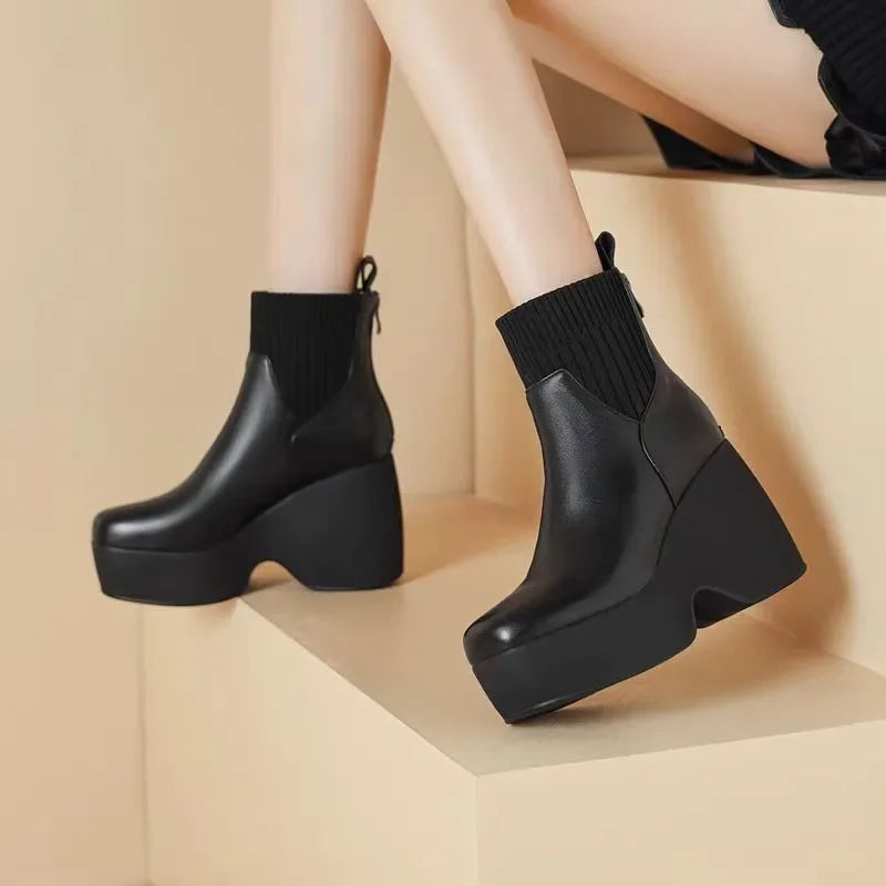 Comfortable Fashion Soft Leather Boots Women's Platform 2024 Winter Warm Round Head Flexible Med Block Sock Mom Ankle Boots