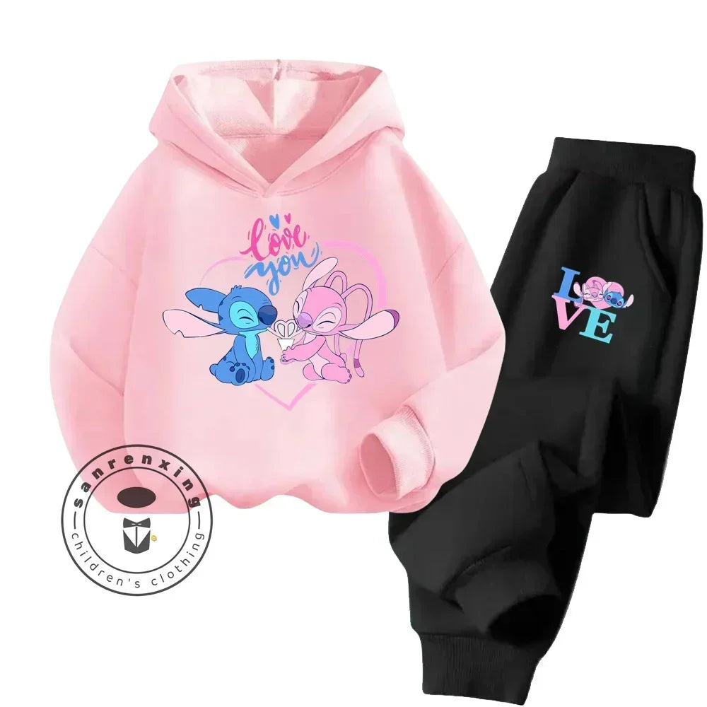 Cartoon Stitch Children Hooded Sweatshirt+Pants Two-piece Set Boy Girl Autumn Winter Daily Outdoor Vacation Warm Soft Sportswear