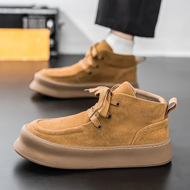 Men's High-top Boots in Solid Colors Flat Heels and Lace-up A Trendy Brand Design for The Four Seasons Fashion Walking Boots