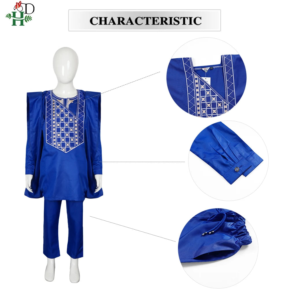 H&D 2025 African Tradition Clothes For Kids Boys White Blue Long Sleeve Tops Embroidery Dashiki Robe Shirt Pant Child Set 3 PCS