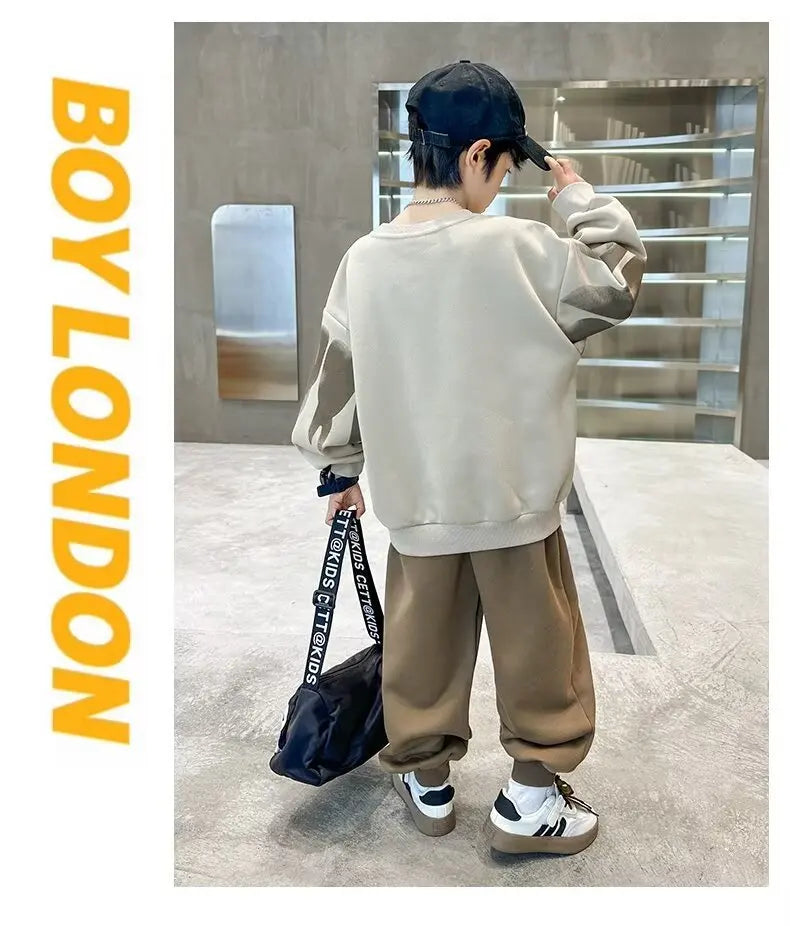 2025  winter autumn Boys Clothes Set cotton loose Sweatshirt hooded + Pants Tracksuits Kids Suit Children 4 8 9 10 11 12 14 Year