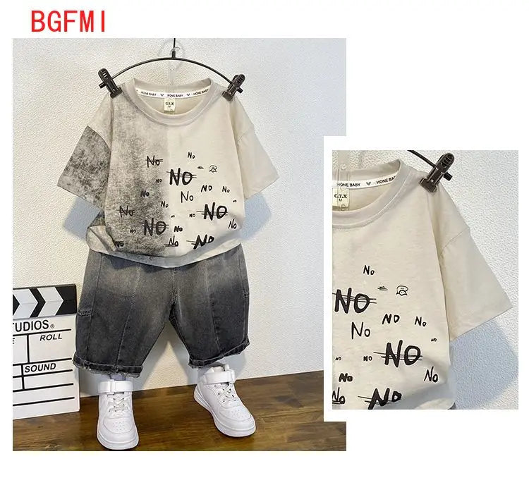 Korean Baby Boys Summer Sets Children's Clothing Short-Sleeved Letter T-Shirt & Denim Shorts Kids Boys Outfits Clothes 2-11Y