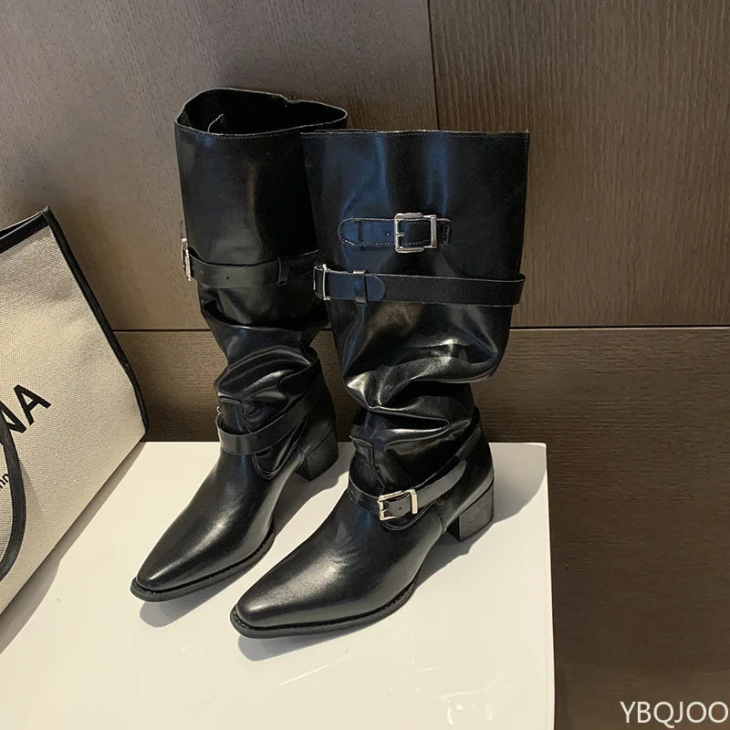 Spring and Autumn Fashion New Pointed Cowboy Coarse Heel Stacked Boots New Style No Knee Large Barrel Giroud Women's Boots