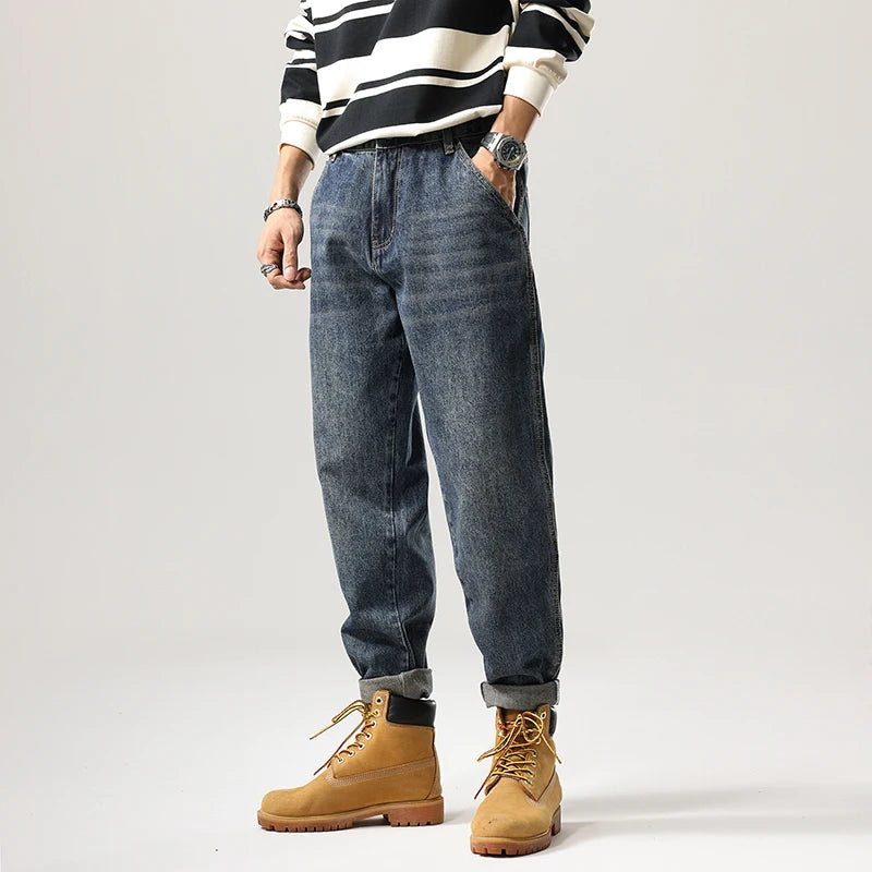 Men's Tapered Jeans Fashion Streetwear Casual Pants Personality Vintage Blue Denim Trousers Hip Hop High Quality Male Clothes
