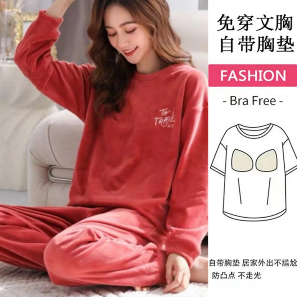 Thickened Long Sleeve Home Clothes Set with Chest Pad Winter Coral Fleece Korean Style Student Cute Large Size Home Clothes Set