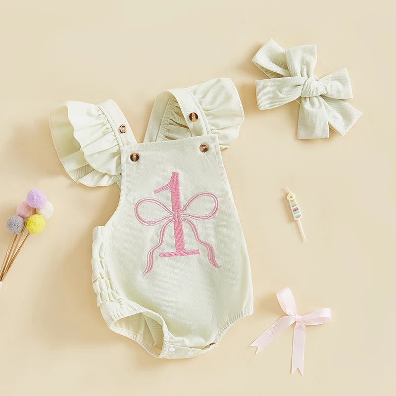 Toddler Baby Girl Birthday Outfits Sleeveless Square Neck Bow Embroidery Romper with Headband Set Newborn Clothes