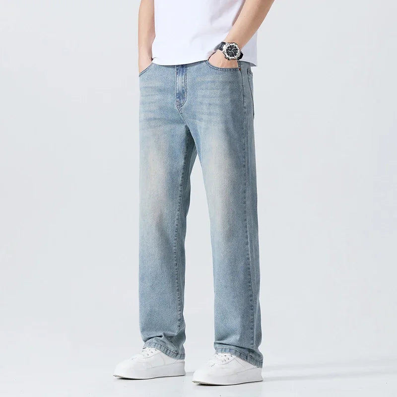 Summer Thin Straight Jeans Men's Clothing Soft Breathable Trousers Male Brand Comfortable Business Loose Denim Pants