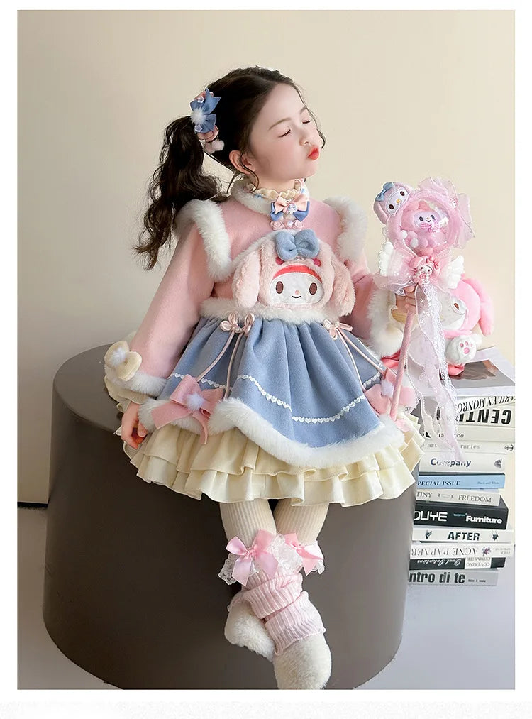 Anime My Melody Lolita Princess Dress Girl Bow Decoration Party Dress Ruffled Tutu Skirt Fleece-Lined Layered Dress Ball Gown