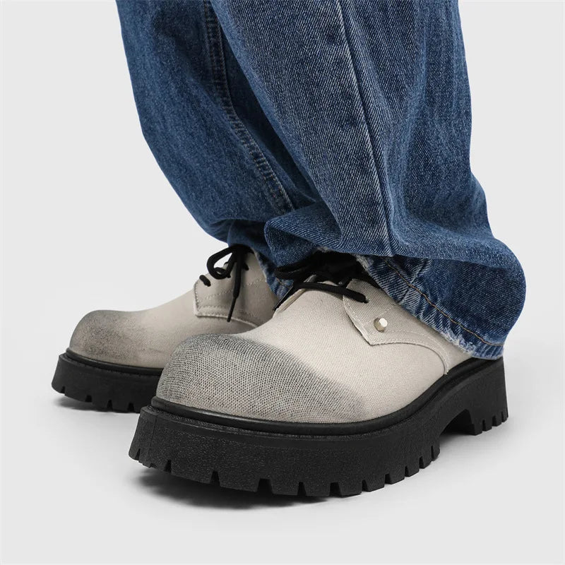 New Mens Derby Shoes British-Style Big Round-Toe Chunky Platform Sneakers Original Breathable Casual Shoes for Streetwear &Daily