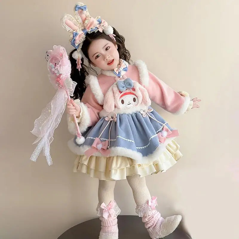 Anime My Melody Lolita Princess Dress Girl Bow Decoration Party Dress Ruffled Tutu Skirt Fleece-Lined Layered Dress Ball Gown