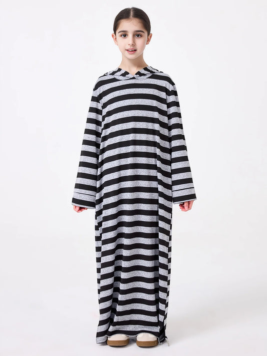 Middle Eastern Muslim Kids Abaya Girl Dress With Striped V-neck Hood