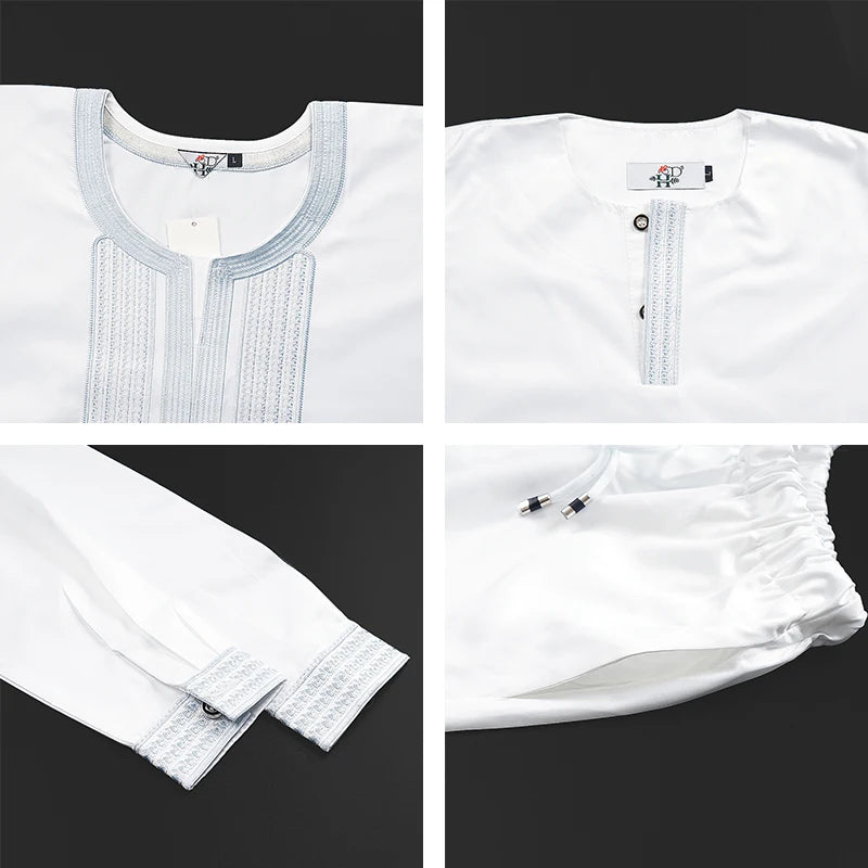 H&D 2025 African Tradition Clothes For Kids Boys White Blue Long Sleeve Tops Embroidery Dashiki Robe Shirt Pant Child Set 3 PCS