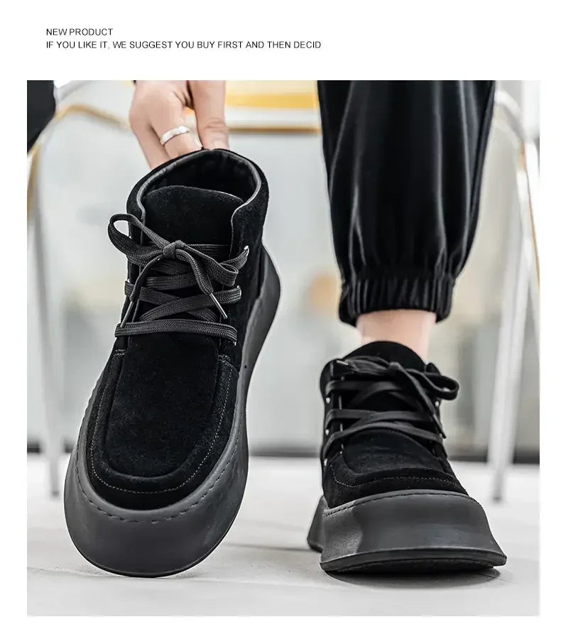 Men's High-top Boots in Solid Colors Flat Heels and Lace-up A Trendy Brand Design for The Four Seasons Fashion Walking Boots