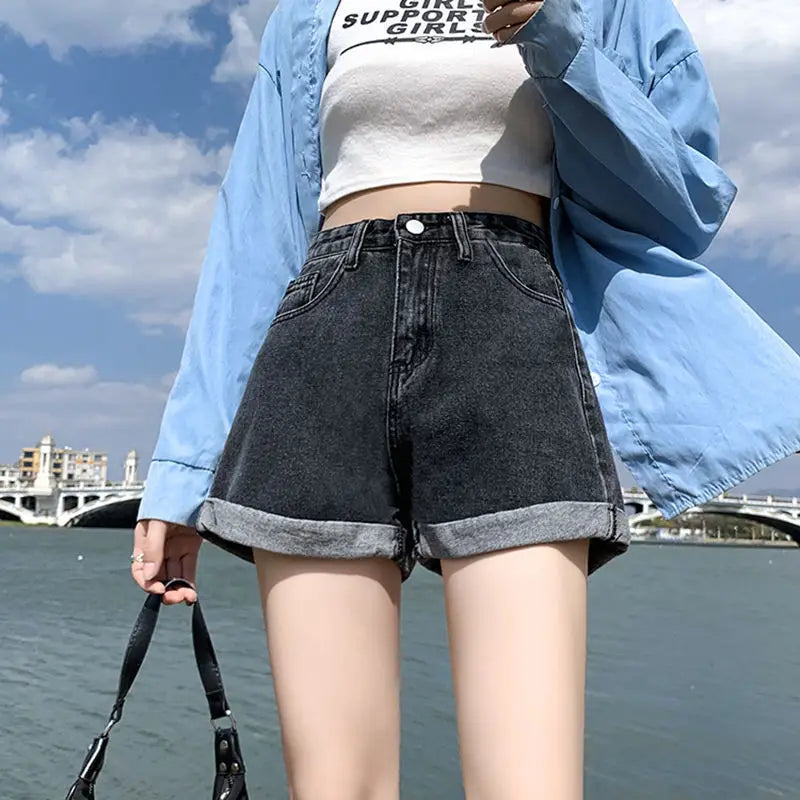High Waist Loose Fit A- Line Wide Leg Short Jeans Women's Summer Thin New Style Fashionable Cuffed Hot Pants Trendy INS