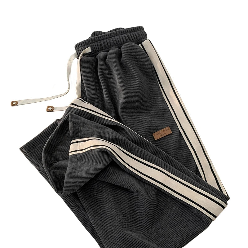 Corduroy Men's Pants Autumn Winter New Sle Hong Kong Sle Trendy Wide Leg Straight Elastic Waist Sports Casual Long Trousers