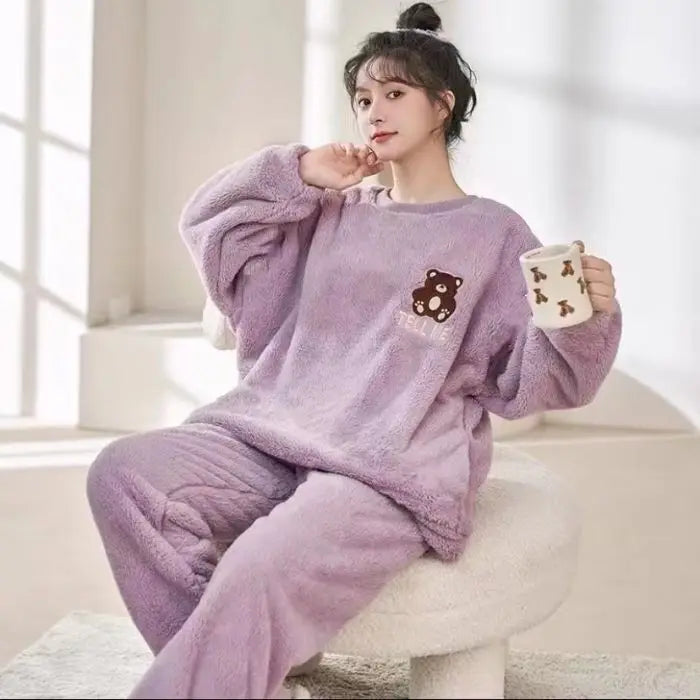 Thickened Long Sleeve Home Clothes Set with Chest Pad Winter Coral Fleece Korean Style Student Cute Large Size Home Clothes Set