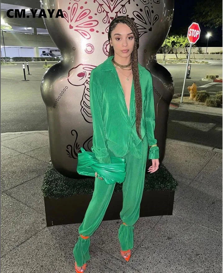 CM.YAYA Pleated Women's Set Long Sleeve Shirt Tops and Straight Wide Leg Pants Elegant Tracksuit Two 2 Piece Set Fitness Outfits