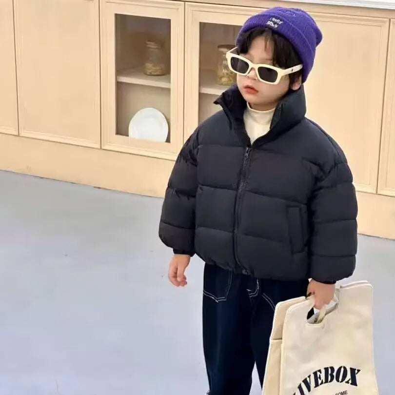Children Boys Short Thick Parkas Standing Collar Silk Floss Bread Jacket for Boy Girl Letter Warm Solid Toddler Boys Winter Coat